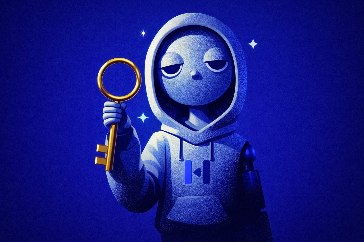Keyva — mascote segurando a chave dourada