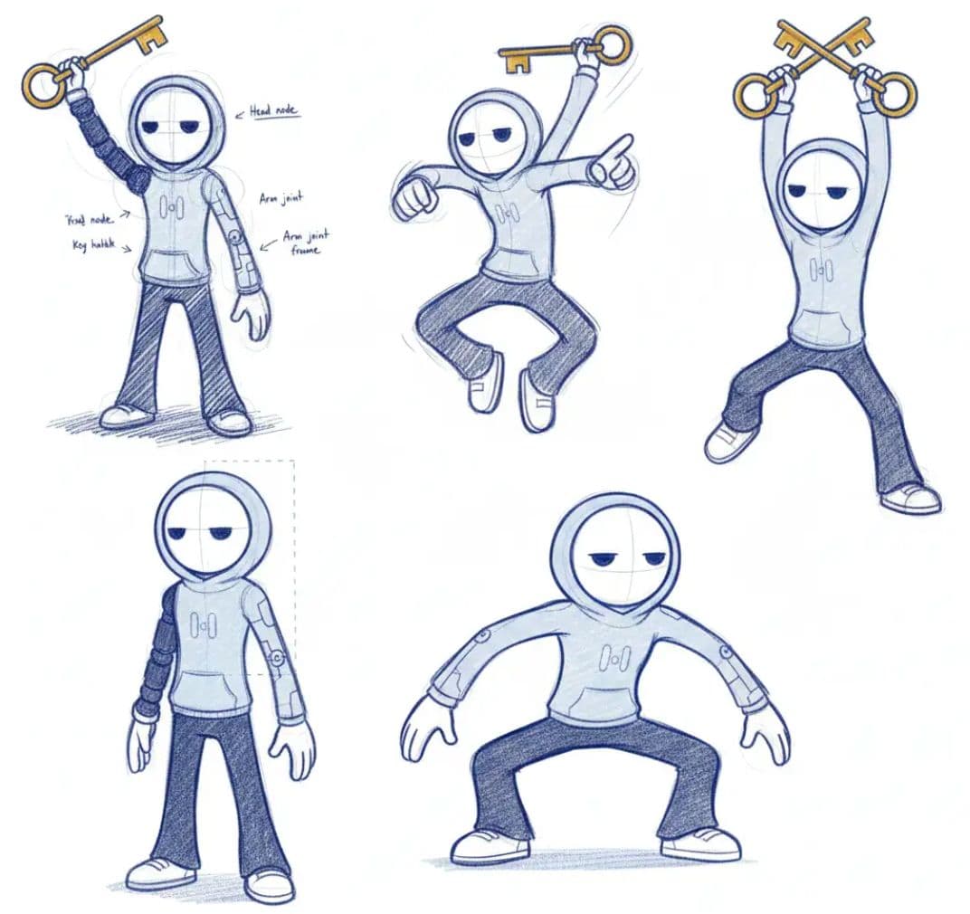 Keyva — desenho técnico do personagem com study de poses