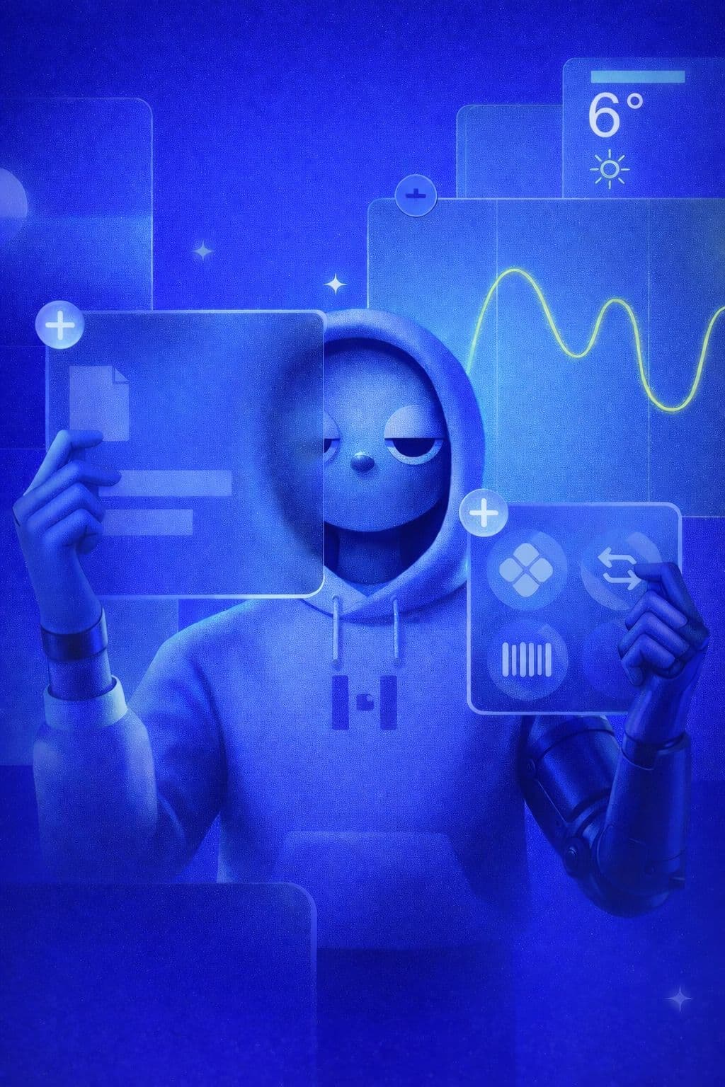 Keyva trabalhando — manipulando interfaces holográficas